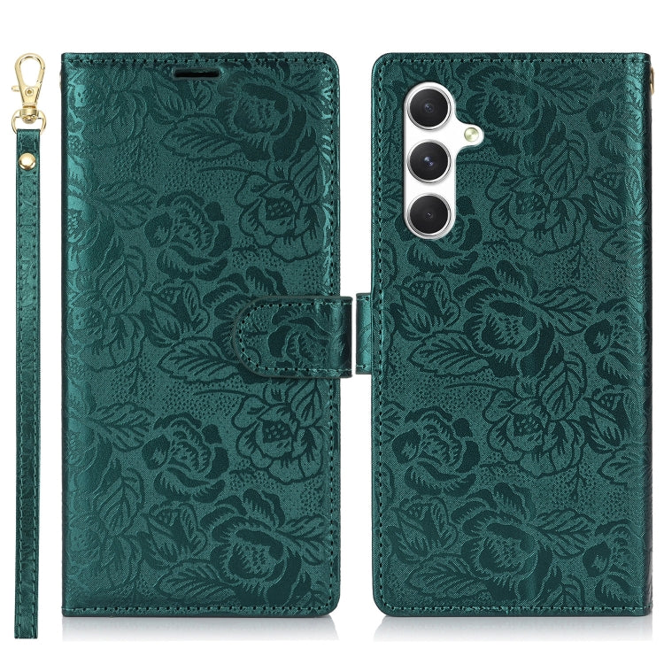 For Samsung Galaxy S25 5G Peony Flowers Imprint Leather Phone Case(Green)
