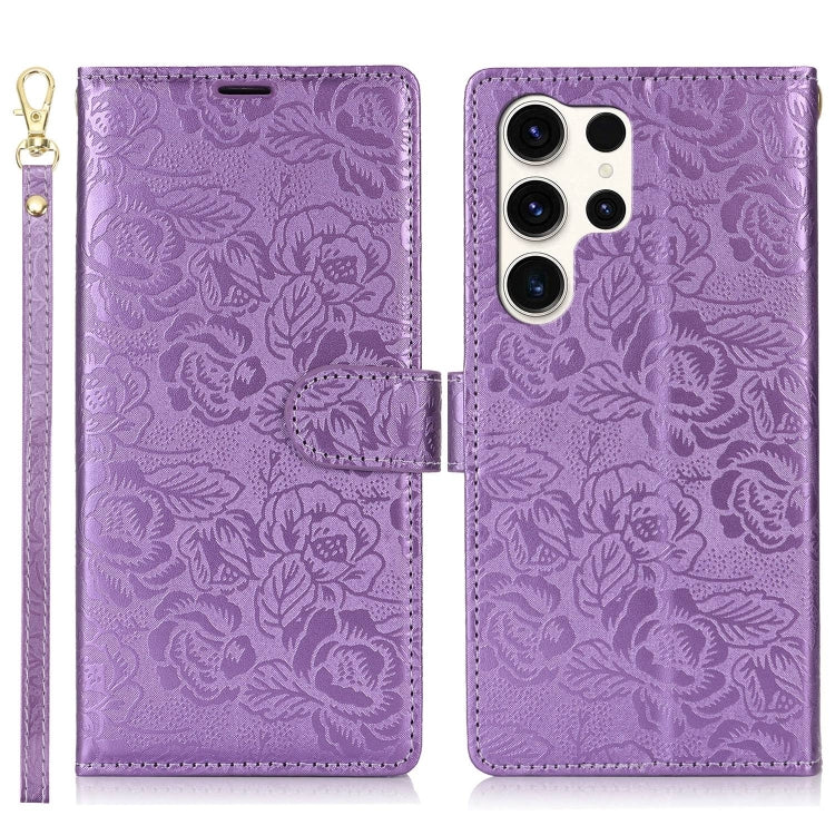 For Samsung Galaxy S25 Ultra 5G Peony Flowers Imprint Leather Phone Case(Purple)