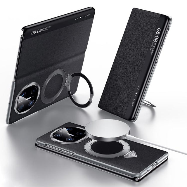 For Huawei Mate X6 SULADA Smart View Window MagSafe Magnetic Holder Leather Phone Case(Black)
