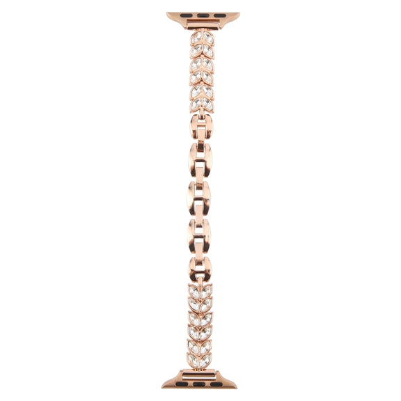 For Apple Watch 42mm / 41mm / 40mm / 38mm Quick Release Leaf Diamond Alloy Slim Watch Band(Rose Gold)
