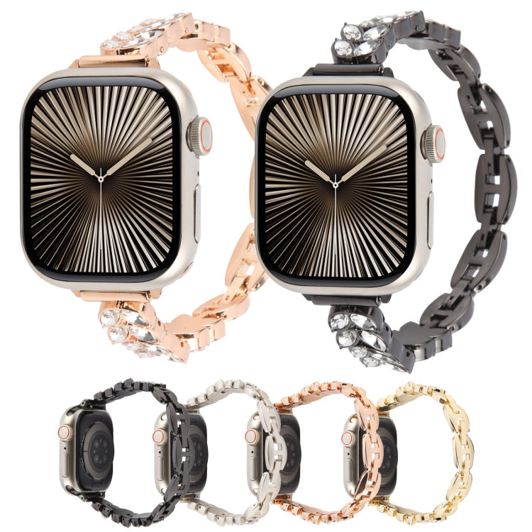For Apple Watch 46mm / 49mm / 45mm / 44mm Quick Release Leaf Diamond Alloy Slim Watch Band(Rose Gold)