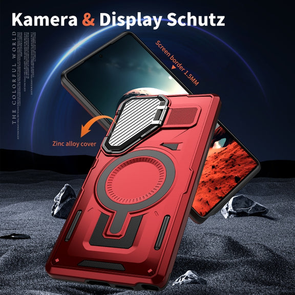For Samsung Galaxy S25 5G Shield Frame Holder MagSafe Phone Case(Red)
