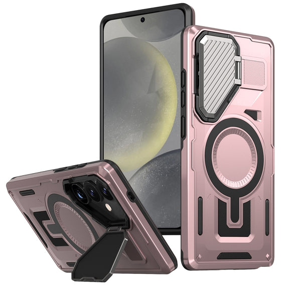 For Samsung Galaxy S25 5G Shield Frame Holder MagSafe Phone Case(Rose Gold)