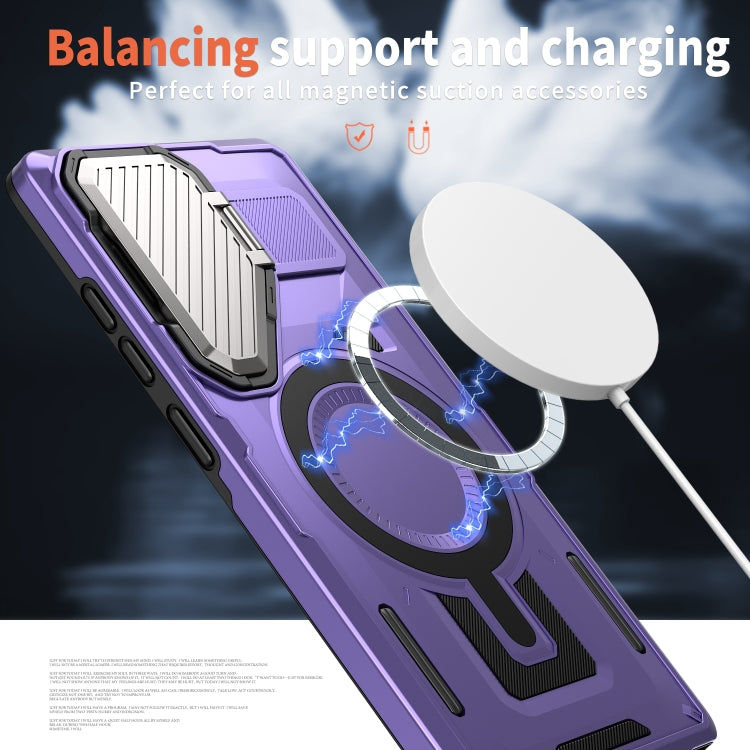 For Samsung Galaxy S25+ 5G Shield Frame Holder MagSafe Phone Case(Purple)