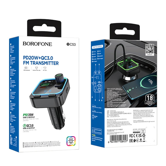 Borofone BC53 Highway PD20W & QC3.0 Car Bluetooth FM Transmitter(Black)