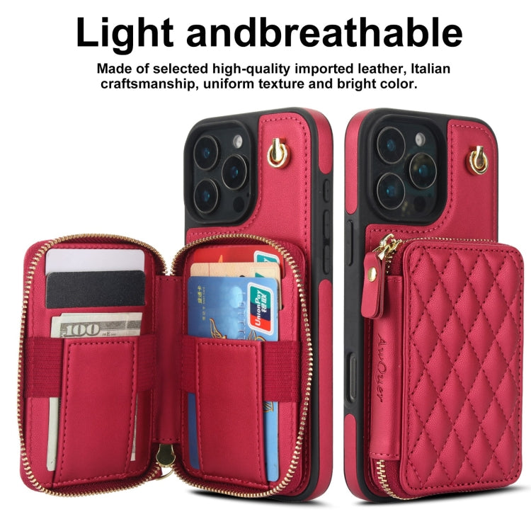 For iPhone 16 Pro Max AwQuer Crossbody Zipper Wallet Rhombic Leather Back Phone Case(Red) - free shipping - PMC Jewellery - Order now!