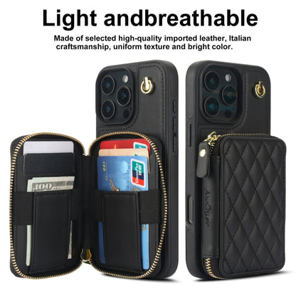 For iPhone 16 Pro AwQuer Crossbody Zipper Wallet Rhombic Leather Back Phone Case(Black) - free shipping - PMC Jewellery - Order now!