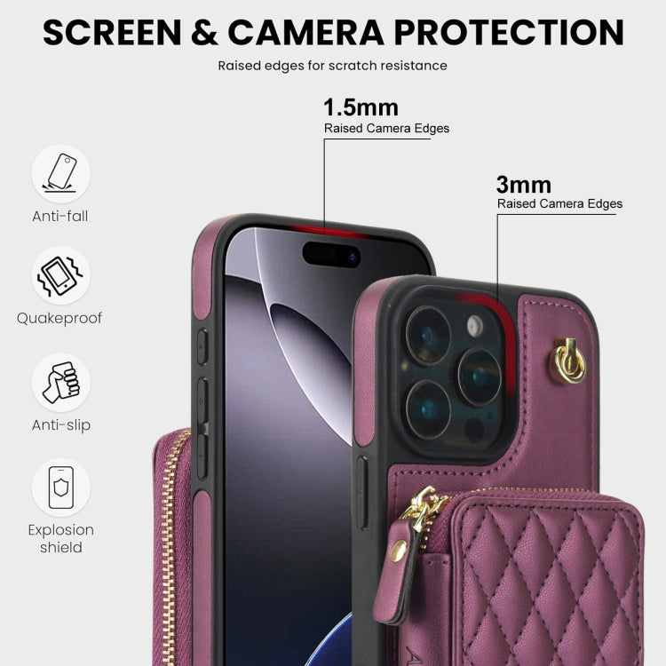 For iPhone 16 Pro AwQuer Crossbody Zipper Wallet Rhombic Leather Back Phone Case(Dark Purple) - free shipping - PMC Jewellery - Order now!