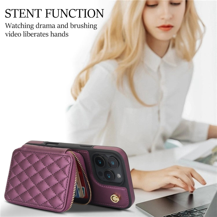 For iPhone 16 Pro AwQuer Crossbody Zipper Wallet Rhombic Leather Back Phone Case(Dark Purple) - free shipping - PMC Jewellery - Order now!