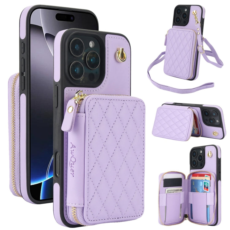For iPhone 16 Pro AwQuer Crossbody Zipper Wallet Rhombic Leather Back Phone Case(Purple) - free shipping - PMC Jewellery - Order now!
