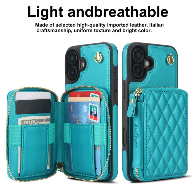 For iPhone 16 Plus AwQuer Crossbody Zipper Wallet Rhombic Leather Back Phone Case(Green) - free shipping - PMC Jewellery - Order now!