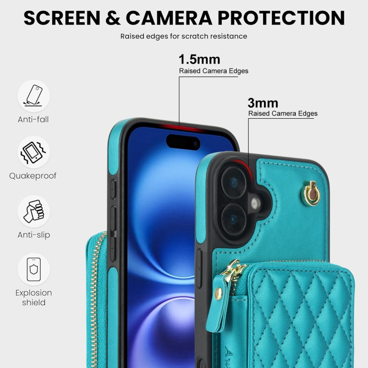 For iPhone 16 Plus AwQuer Crossbody Zipper Wallet Rhombic Leather Back Phone Case(Green) - free shipping - PMC Jewellery - Order now!