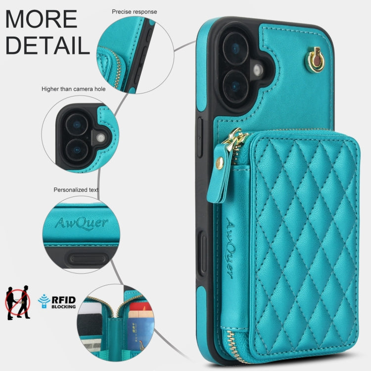For iPhone 16 Plus AwQuer Crossbody Zipper Wallet Rhombic Leather Back Phone Case(Green) - free shipping - PMC Jewellery - Order now!