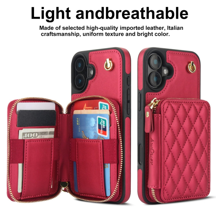 For iPhone 16 AwQuer Crossbody Zipper Wallet Rhombic Leather Back Phone Case(Red) - free shipping - PMC Jewellery - Order now!