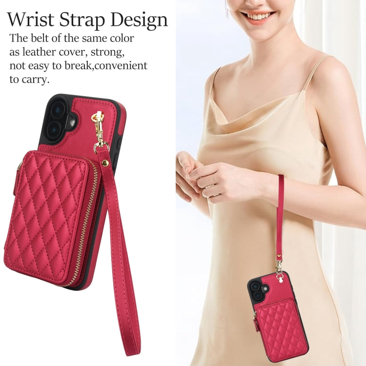 For iPhone 16 AwQuer Crossbody Zipper Wallet Rhombic Leather Back Phone Case(Red) - free shipping - PMC Jewellery - Order now!