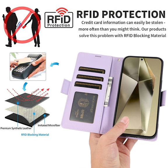 For Samsung Galaxy S25 Ultra 5G Side Buckle RFID Anti-theft Leather Phone Case(Light Purple)