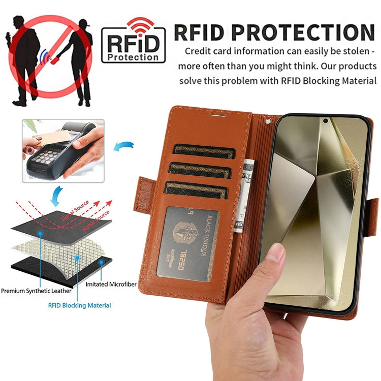 For Samsung Galaxy S25 Ultra 5G Side Buckle RFID Anti-theft Leather Phone Case(Brown)