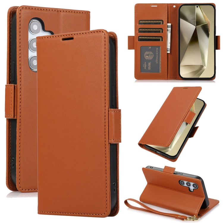 For Samsung Galaxy S25 / S24 5G Side Buckle RFID Anti-theft Leather Phone Case(Brown) - Galaxy S25 5G Cases by PMC TechLife | Online Shopping South Africa | PMC TechLife | Buy Now Pay Later Mobicred