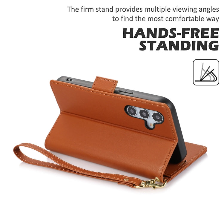 For Samsung Galaxy S25+ / S24+ 5G Side Buckle RFID Anti-theft Leather Phone Case(Brown)