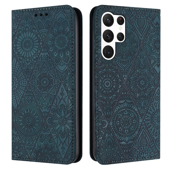 For Samsung Galaxy S25 Ultra 5G Ethnic Embossed Adsorption Leather Phone Case(Blue)