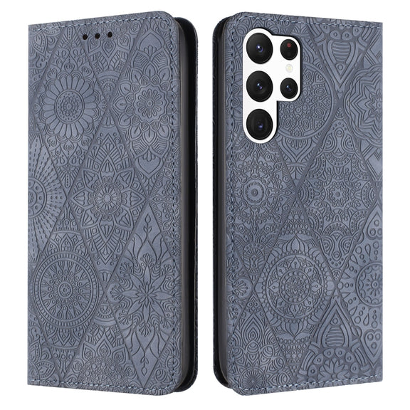 For Samsung Galaxy S25 Ultra 5G Ethnic Embossed Adsorption Leather Phone Case(Grey)