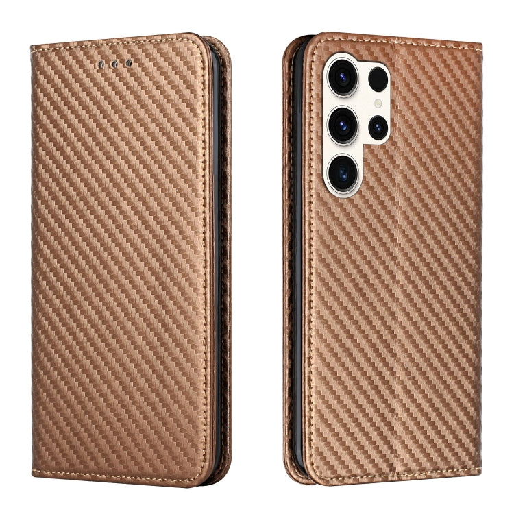 For Samsung Galaxy S25 Ultra 5G Carbon Fiber Texture Magnetic Flip Leather Phone Case(Brown) - Galaxy S25 Ultra 5G Cases by PMC Jewellery | Online Shopping South Africa | PMC Jewellery | Buy Now Pay Later Mobicred