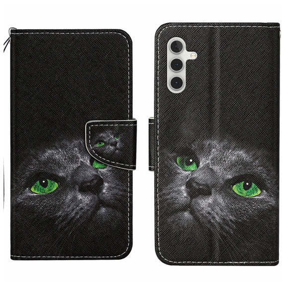 For Samsung Galaxy S25+ 5G Colored Drawing Pattern Leather Phone Case(Black Cat)