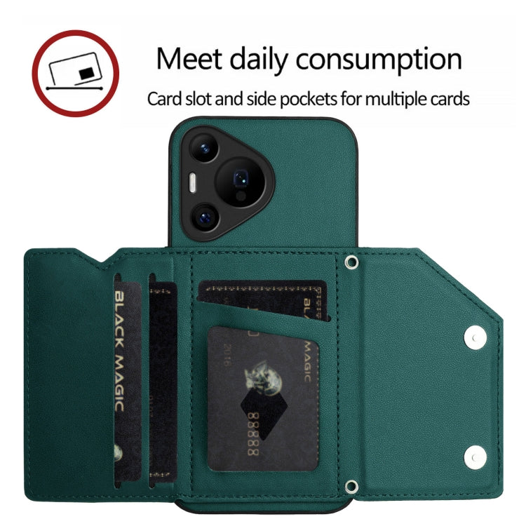 For Huawei Pura 70 Pro Skin Feel Four Card Slots Phone Case with Wrist Strap(Green)