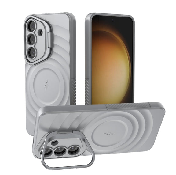 For Samsung Galaxy S25 5G Lens Frame Bracket Corrugated MagSafe Phone Case(Grey)