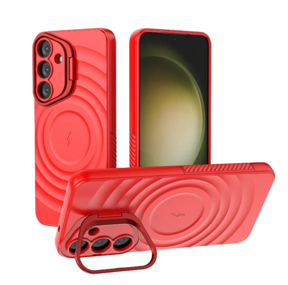 For Samsung Galaxy S25+ 5G Lens Frame Bracket Corrugated MagSafe Phone Case(Red)