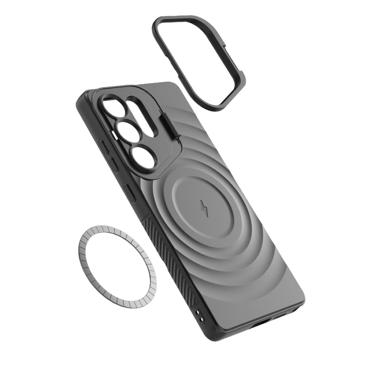 For Samsung Galaxy S25 Ultra 5G Lens Frame Bracket Corrugated MagSafe Phone Case(Black)