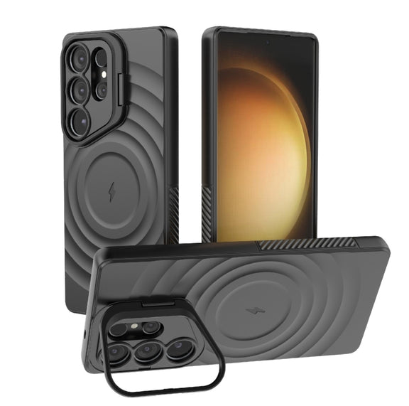 For Samsung Galaxy S25 Ultra 5G Lens Frame Bracket Corrugated MagSafe Phone Case(Black)