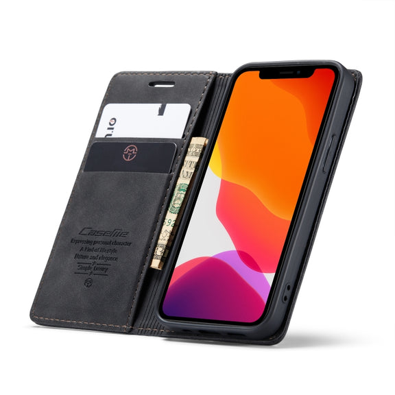 For iPhone 12 mini CaseMe-013 Multifunctional Retro Frosted Horizontal Flip Leather Case with Card Slot & Holder & Wallet(Black)