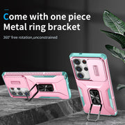 For Samsung Galaxy S25 Ultra 5G Sliding Camshield Holder Phone Case(Pink + Grey Green)