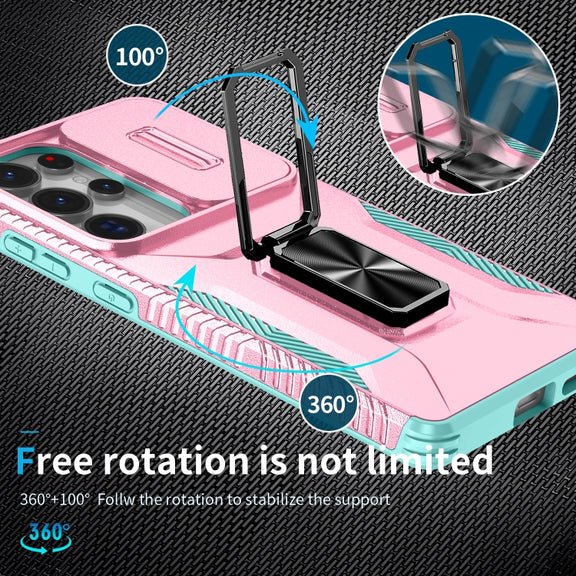 For Samsung Galaxy S25 Ultra 5G Sliding Camshield Holder Phone Case(Pink + Grey Green)