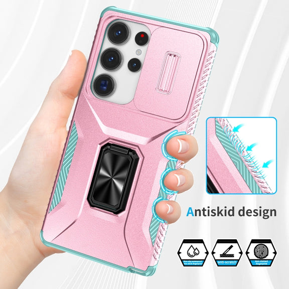 For Samsung Galaxy S25 Ultra 5G Sliding Camshield Holder Phone Case(Pink + Grey Green)
