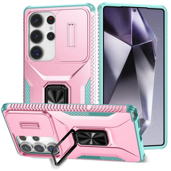 For Samsung Galaxy S25 Ultra 5G Sliding Camshield Holder Phone Case(Pink + Grey Green)