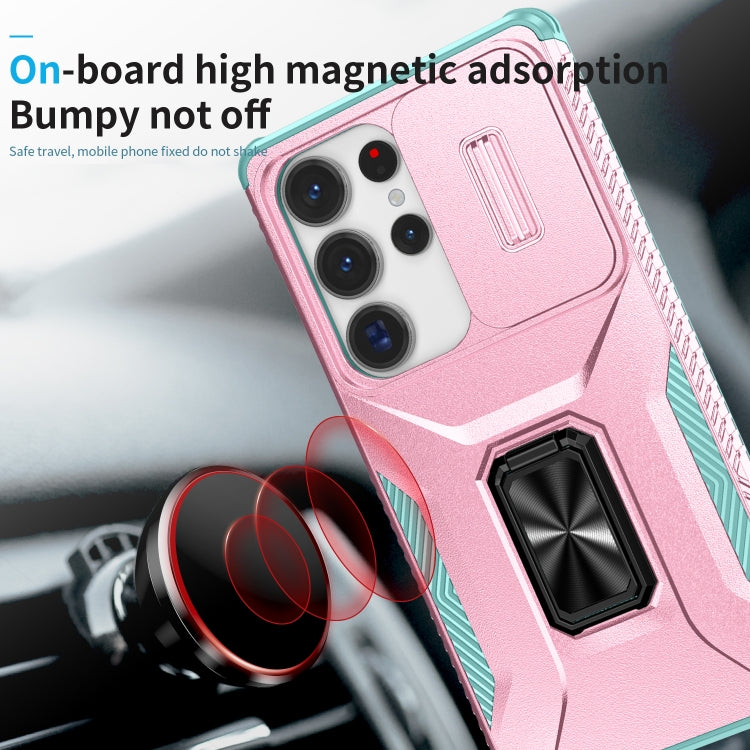 For Samsung Galaxy S25 Ultra 5G Sliding Camshield Holder Phone Case(Pink + Grey Green)