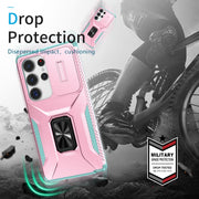 For Samsung Galaxy S25 Ultra 5G Sliding Camshield Holder Phone Case(Pink + Grey Green)
