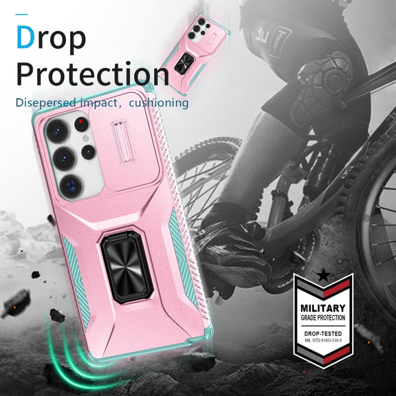 For Samsung Galaxy S25 Ultra 5G Sliding Camshield Holder Phone Case(Pink + Grey Green)
