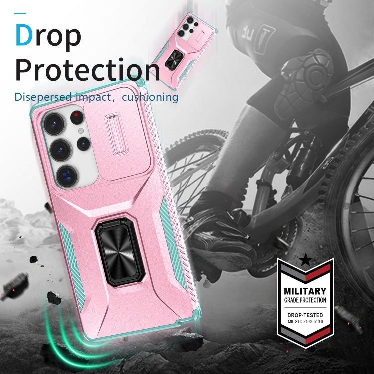 For Samsung Galaxy S25 Ultra 5G Sliding Camshield Holder Phone Case(Pink + Grey Green)