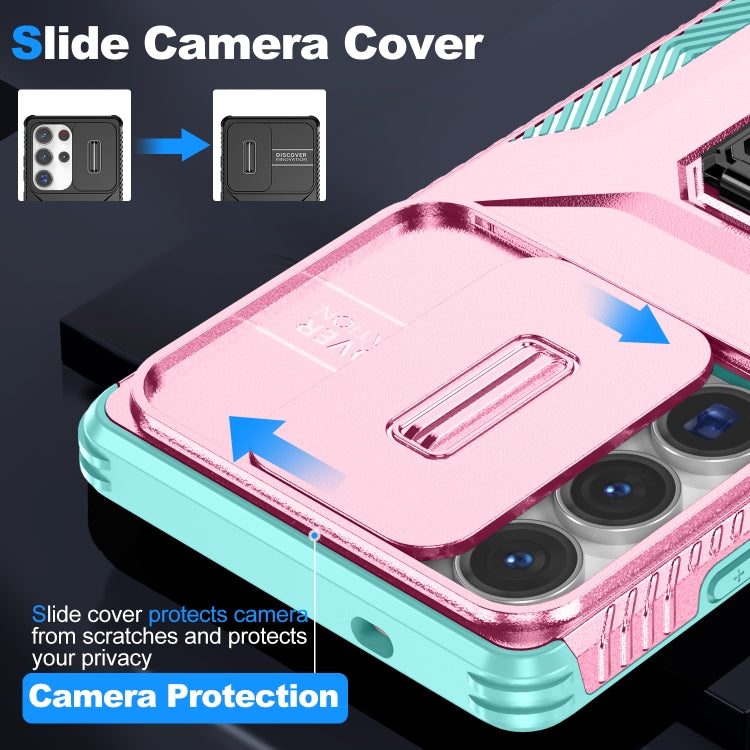 For Samsung Galaxy S25 Ultra 5G Sliding Camshield Holder Phone Case(Pink + Grey Green)