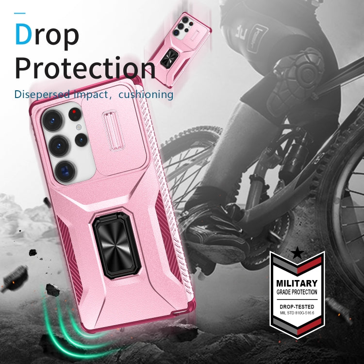 For Samsung Galaxy S25 Ultra 5G Sliding Camshield Holder Phone Case(Pink + Rose Red)