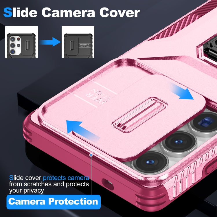 For Samsung Galaxy S25 Ultra 5G Sliding Camshield Holder Phone Case(Pink + Rose Red)
