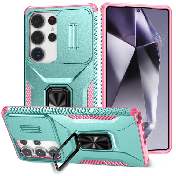 For Samsung Galaxy S25 Ultra 5G Sliding Camshield Holder Phone Case(Grey Green + Pink)