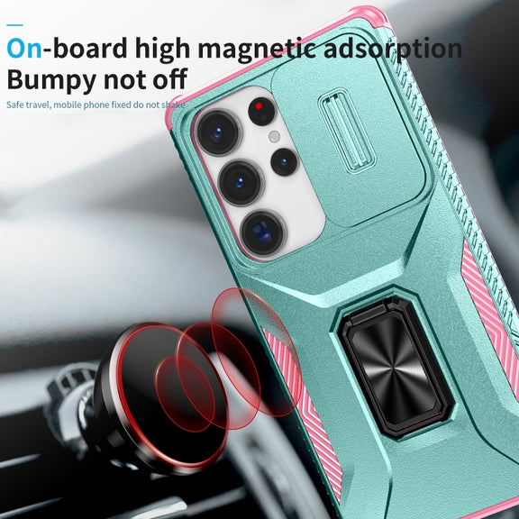 For Samsung Galaxy S25 Ultra 5G Sliding Camshield Holder Phone Case(Grey Green + Pink)