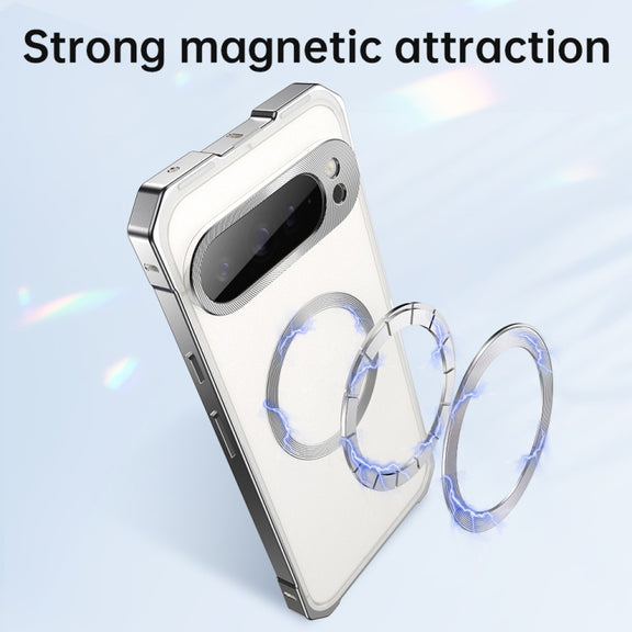 For Google Pixel 9 Pro Irregular Alloy Frame Fosted Translucent MagSafe Phone Case(Black)