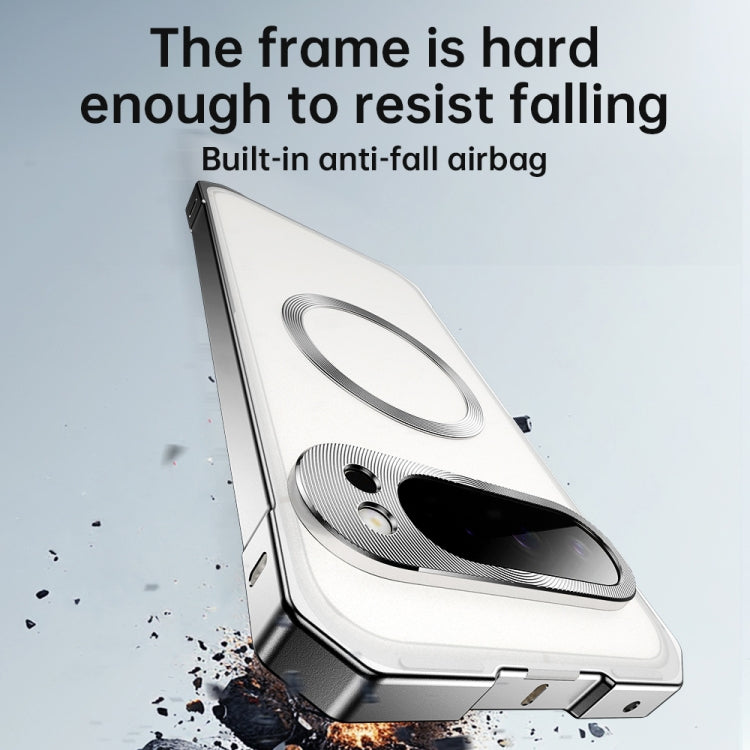 For Google Pixel 9 Irregular Alloy Frame Fosted Translucent MagSafe Phone Case(Black)