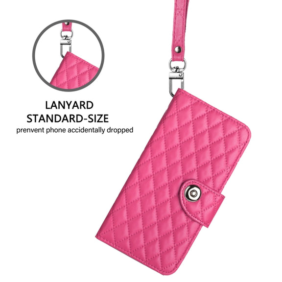 For Doogee N55 Plus Rhombic Texture Flip Leather Phone Case with Lanyard(Rose Red)