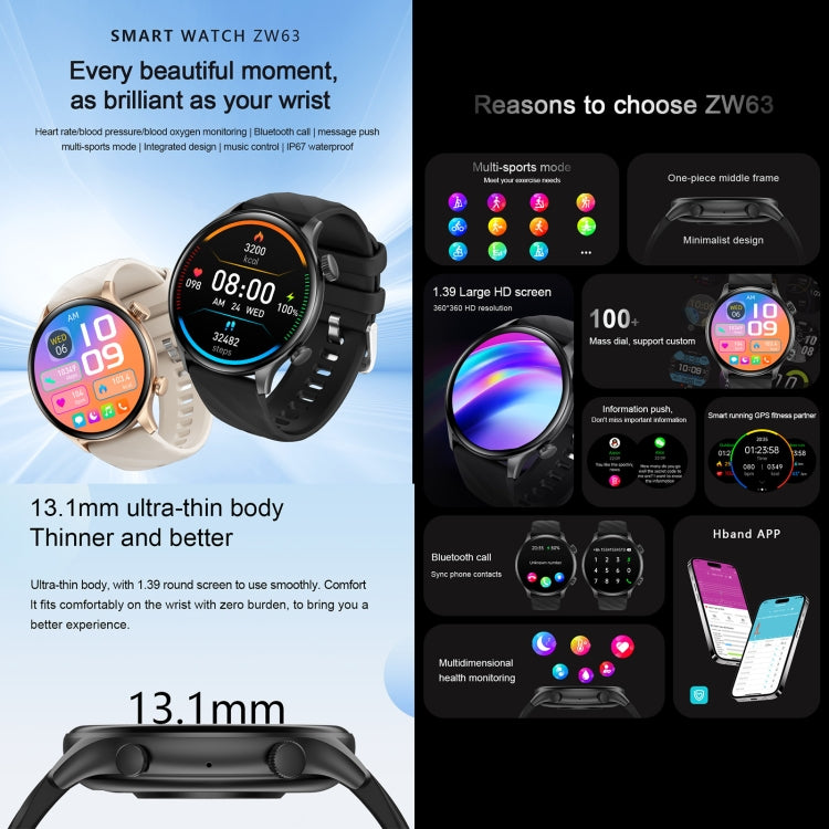 ZW63 1.39 inch Round Screen Smart Watch, Heart Rate / Blood Pressure / Blood Sugar / Blood Oxygen / Body Temperature / MET Test(Black)